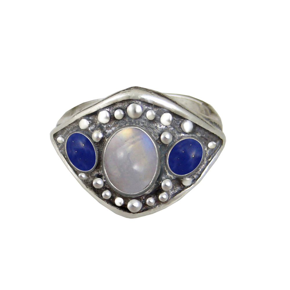 Sterling Silver Medieval Lady's Ring with Rainbow Moonstone And Lapis Lazuli Size 8
